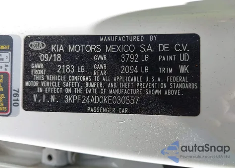 2019 Kia Forte Lxs z USA, uszkodzony, nr VIN 3KPF24AD0KE030557